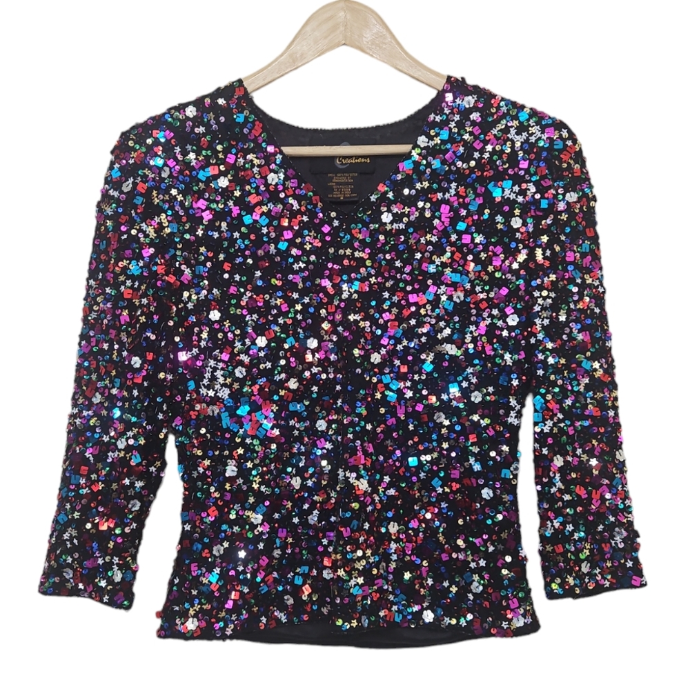 Vintage Classic Creations Beaded Rainbow Sequin V Neck Shirt Small
